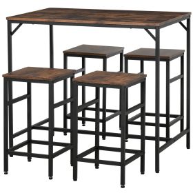 HOMCOM 5-Piece Dining Table Set, Industrial Bar Table & 4 Stools, Space-Saving, Rustic Brown/Black for Pub & Kitchen