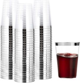 200pcs Silver Disposable Plastic Cups 10 oz Clear Plastic Cups Old Fashioned Tumblers Silver Rim Cup Disposable Elegant Silver Wine Glasses Cockt
