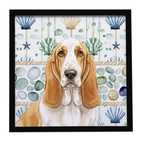 Lemon and White Basset Hound Coastal Sea Glass Framed Metal Print Bathroom, Kitchen, Office, Home Decor Wall Art Ready to Hang, Square, 8X8