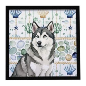 Gray and White Alaskan Malamute Coastal Sea Glass Framed Metal Print Bathroom, Kitchen, Office, Home Decor Wall Art Ready to Hang, Square, 8X8