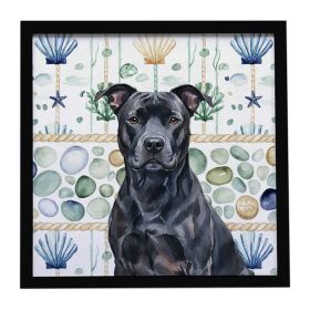 Black American Staffordshire Terrier Coastal Sea Glass Framed Metal Print Bathroom, Kitchen, Office, Home Decor Wall Art Ready to Hang, Square, 8