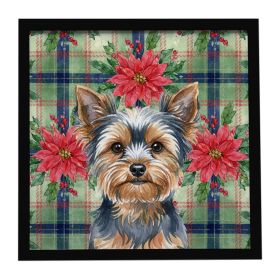 Blue and Tan Yorkshire Terrier Christmas PoinsettIas Framed Metal Print Bathroom, Kitchen, Office, Home Decor Wall Art Ready to Hang, Square, 8X8