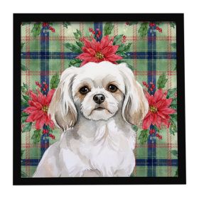 White Tibetan Spaniel Christmas PoinsettIas Framed Metal Print Bathroom, Kitchen, Office, Home Decor Wall Art Ready to Hang, Square, 8X8