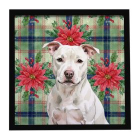 White Staffordshire Bull Terrier Christmas PoinsettIas Framed Metal Print Bathroom, Kitchen, Office, Home Decor Wall Art Ready to Hang, Square, 8