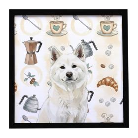 White Akita Coffee Bar Framed Metal Print Bathroom, Kitchen, Office, Home Decor Wall Art Ready to Hang, Square, 8X8