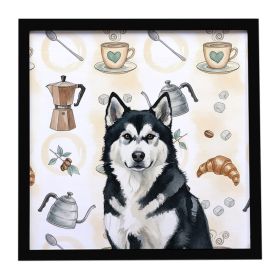 Black and White Alaskan Malamute Coffee Bar Framed Metal Print Bathroom, Kitchen, Office, Home Decor Wall Art Ready to Hang, Square, 8X8