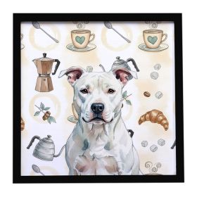 White American Staffordshire Terrier Coffee Bar Framed Metal Print Bathroom, Kitchen, Office, Home Decor Wall Art Ready to Hang, Square, 8X8
