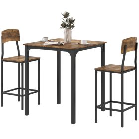 HOMCOM 3 Piece Pub Table and Chairs, Small Kitchen Table and Chairs, Square Dining Table with 2 Stools, Rustic Brown and Black