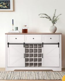 Farmhouse Wine Bar Cabinet w/Sliding Barn Door, 54" Kitchen Coffee Bar Cabinet w/Wine & Glass Rack, Storage Shelves, 3 Drawers