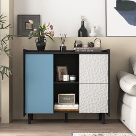 Sideboard Buffet Cabinet, Black Storage Cabinet with Red Doors , 2 Drawers with unique panel styling and 2 Open Storage Compartment (Color: Black+Blue, Cabinets: 1)