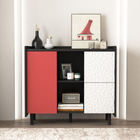 Sideboard Buffet Cabinet, Black Storage Cabinet with Red Doors , 2 Drawers with unique panel styling and 2 Open Storage Compartment (Color: Black+Red, Cabinets: 1)