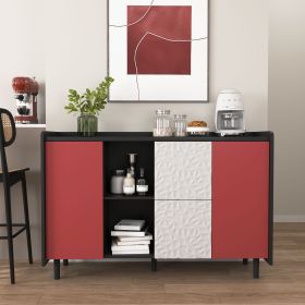 Sideboard Buffet Cabinet, Black Storage Cabinet with Red Doors , 2 Drawers with unique panel styling and 2 Open Storage Compartment (Color: Black+Red, Cabinets: 2)