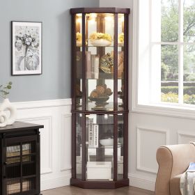 Corner Lighted Curio Cabinet Corner Glass Cabinet Lighted Curio Cabinet Corner Display Case for Living Room, Curio Cabinet, Antique collection, W (Color: Cherry, Material: MDF+glass)